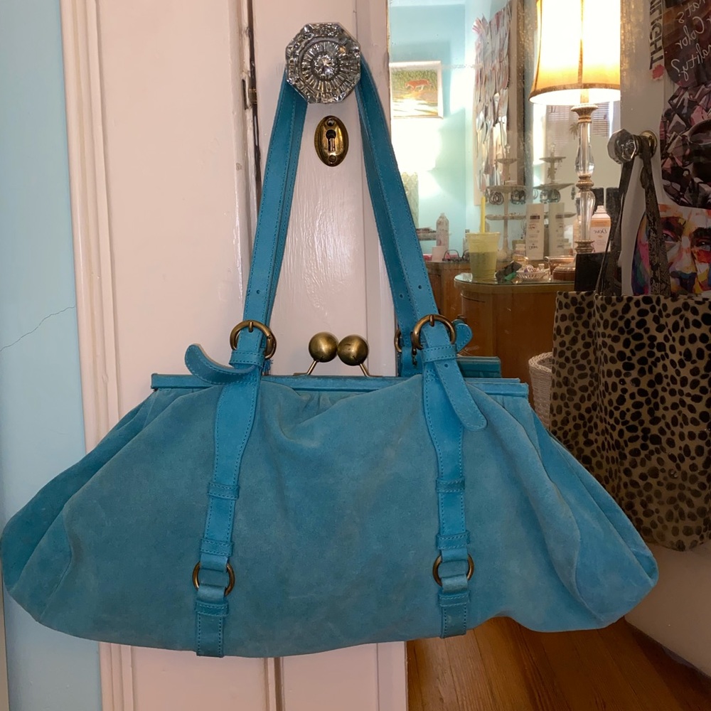 Nordstrom Blue Suede Handbag with Gold Buckles.